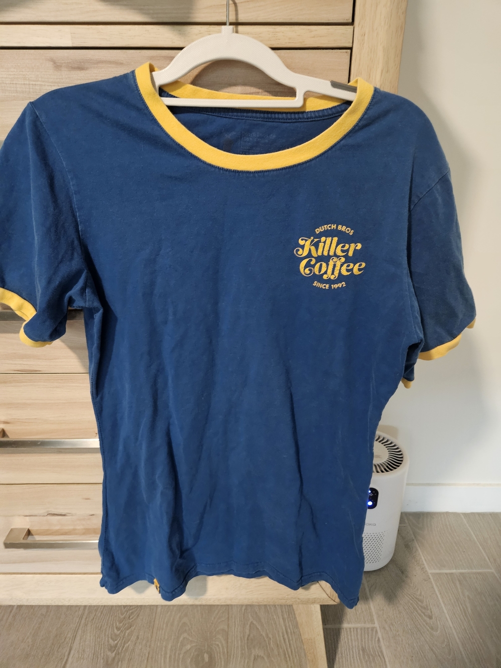Vintage Style Dutch Bros Killer Coffee Navy Blue Ringer Tee with Yellow Trim